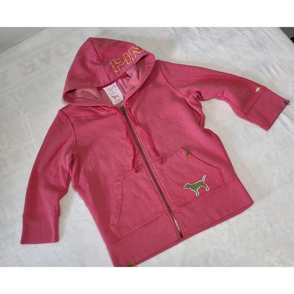 Victoria's Secret Tops - Victoria's secret PINK Vintage Y2K Small Spellout Pink Zip Up Sweatshirt Dog